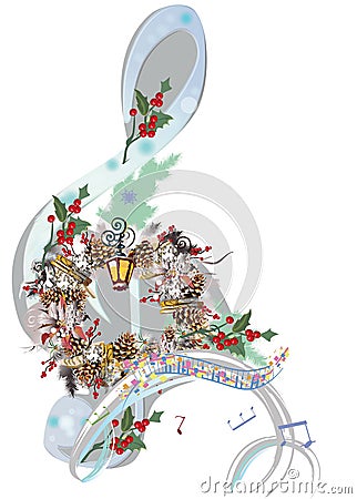 Winter music. Abstract winter treble clef decorated with Christmas wreath, holy and snow. Vector Illustration